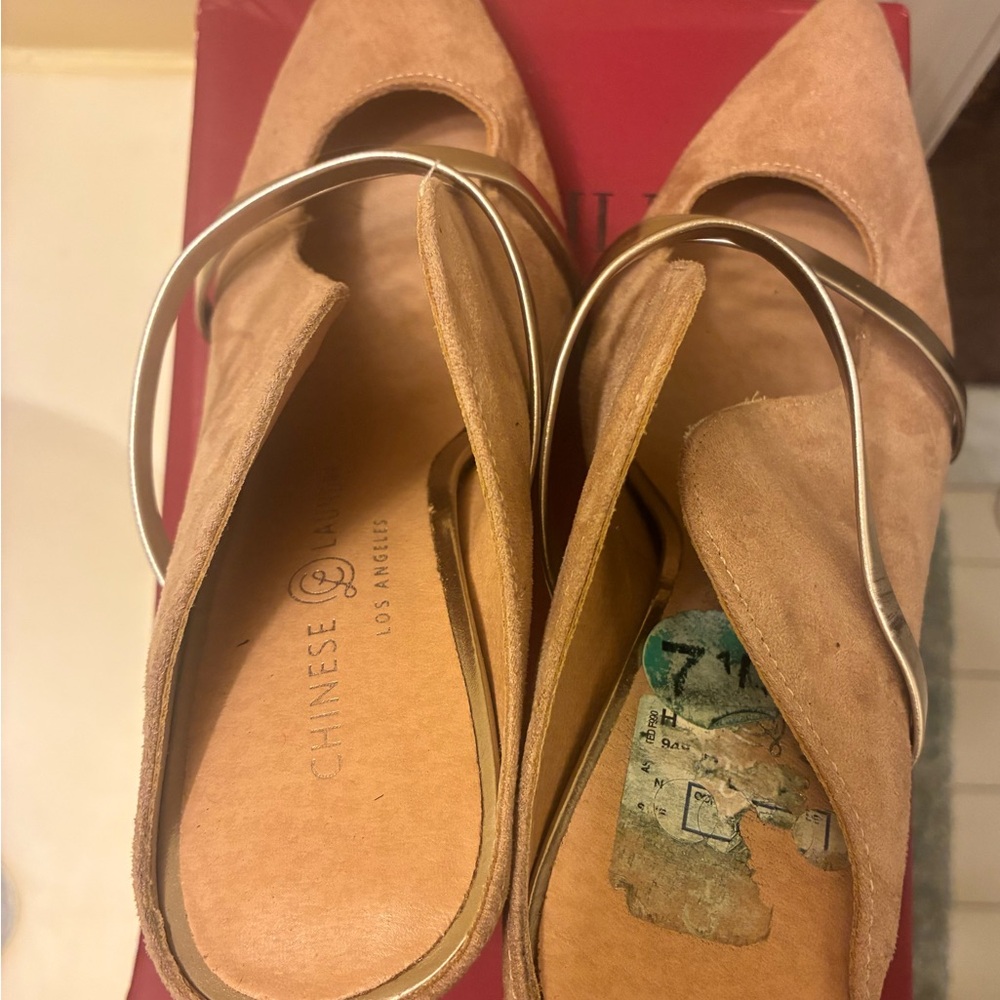Chinese Laundry Tan Suede Pointed Flats with Gold Metallic Strap
